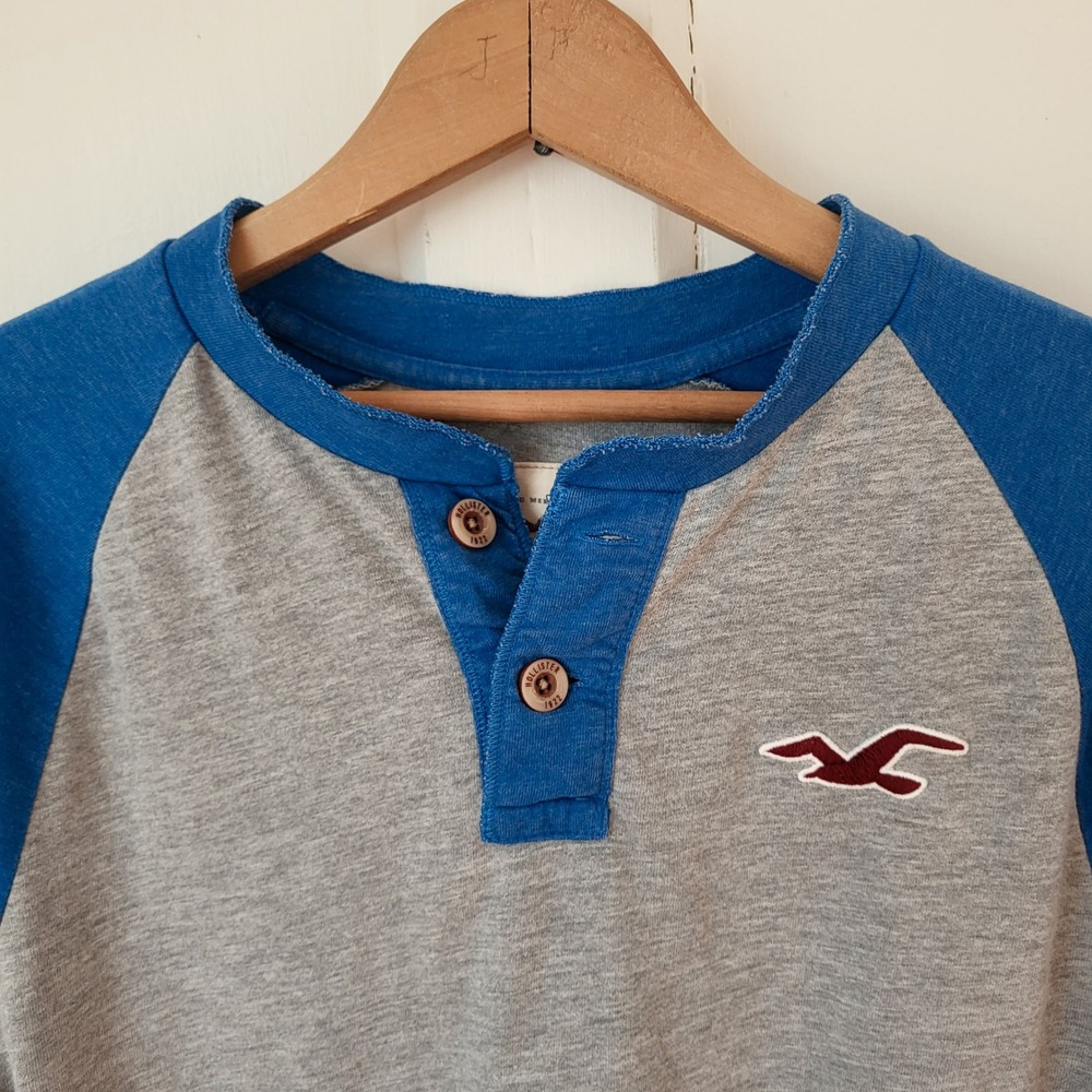 Hollister Y2K Raglan Henley Shirt Blue Grey Long Sleeve Size L - Picture 3 of 9